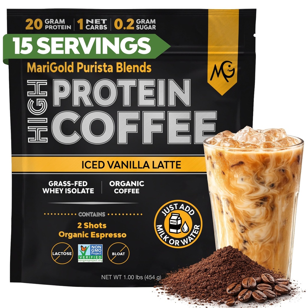 MariGold High protein Kahve - Buzlu Vanilla Latte, 20g Grass-Fed Whey Protein Isolate, Enerji & Workout Boost, 2 Shots Organik Espresso, Non-GMO, 1 Net Carb, 1 Lb Bag, 15 Hizmet