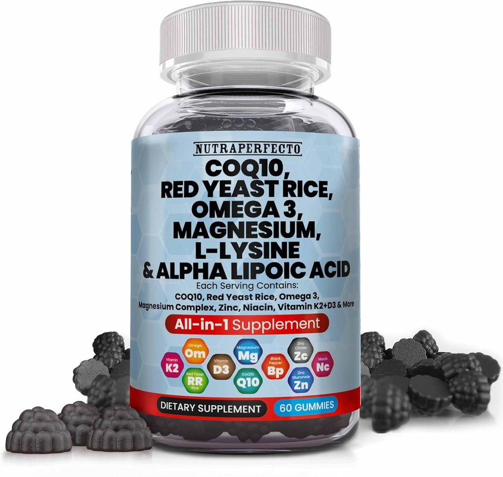 L-Lysine Coq10 Alfa Lipoic Asit Gummies Red Yeast Rice Magnezyum Gummy for Yetişkinler ve Çocuklar için - Amino Asit Supplements Omega 3 Niacin çinko Vitamin K2 D3 B3 - Kadınlar ve Erkekler için Vitaminler - 60 Gummy Ayılar