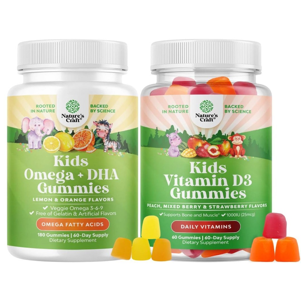 Çocuklar için Omega DHA Gummies - Fatty Acids Omega 3 6 9 - Beyin için C vitamini, Immunity & Vision ve Vitamin D Gummies for Kids - 1000 IU Per Care - Immune Support Muscle Teeth & Bone Health