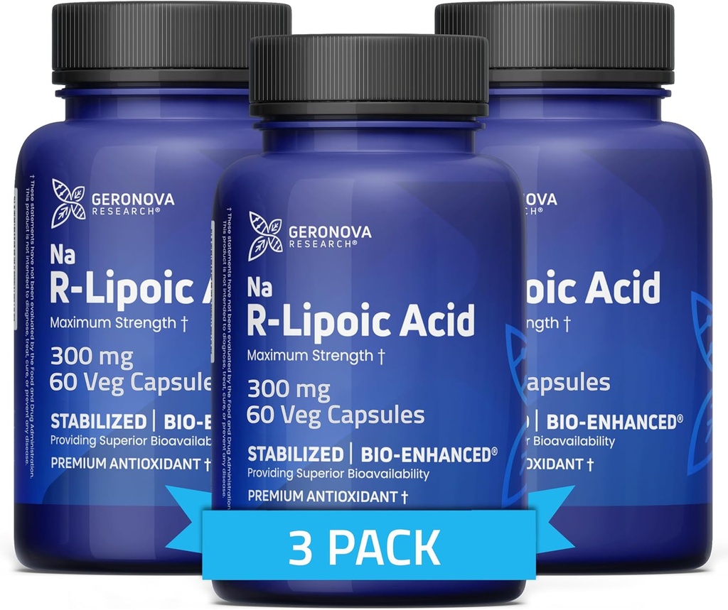 Geronova Research Bio-Enhanced R-Lipoic Acid, 300 mg Capsules - 6 Ay Supply - Geliştirilmiş Aborpsiyon ile Stabilize R Alfa Lipoic Asit - R Lipoic Acid Supplement - 180 Kont