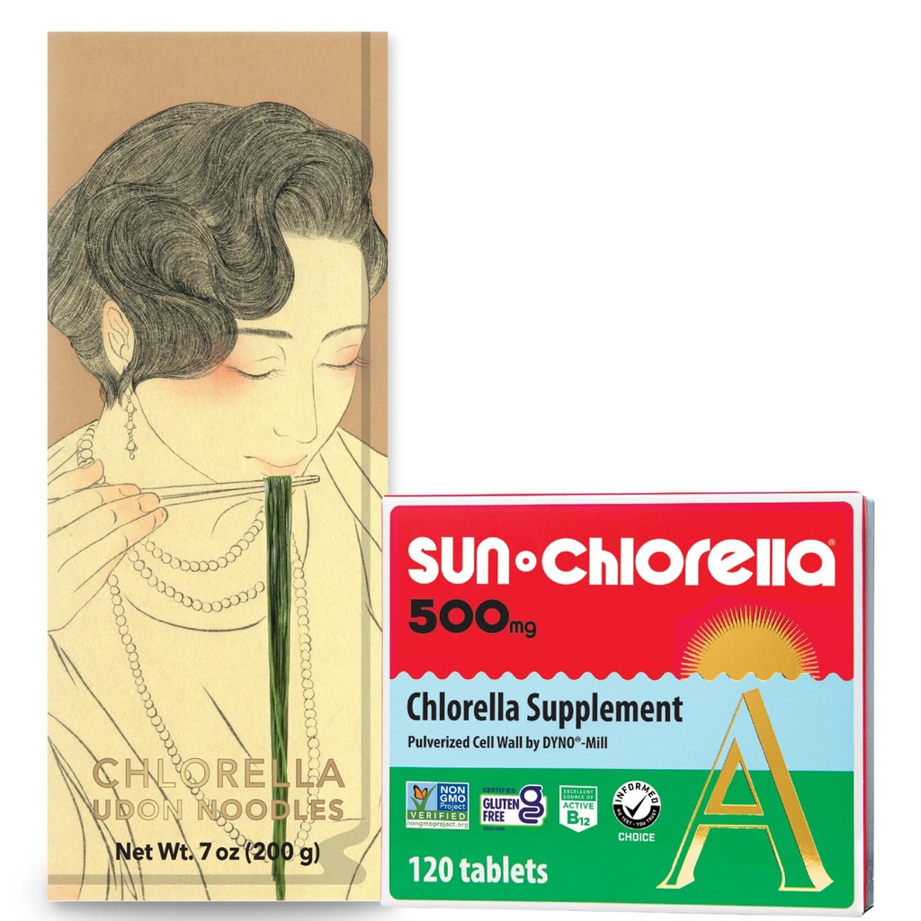 Sun Chlorella Green Goodness Sche - 500 mg Superfood, Non-GMO 120 Tabletler + Udon Noodles Chlorella, Cook'a Hazır, Vegan, Vegetarian 7.8 oz (4 hizmet)