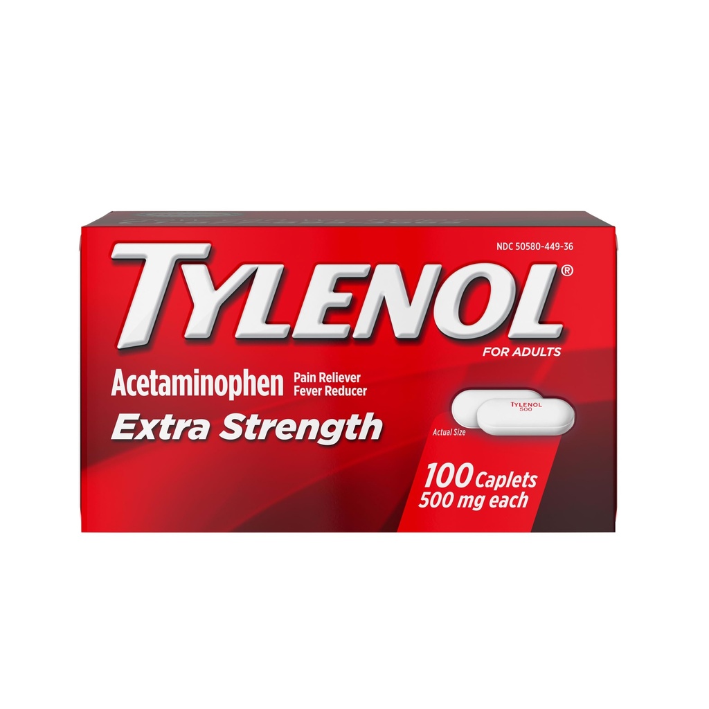 Tylenol Extra Strength Pain Relief Pills, Acetaminophen 500 mg Caplets, Pain Reliever ve Ateşleme Tıp Baş Ağrısı, Backache, Toothache & Minor Arthritis, 100 Count Şişe Şişe Şişe