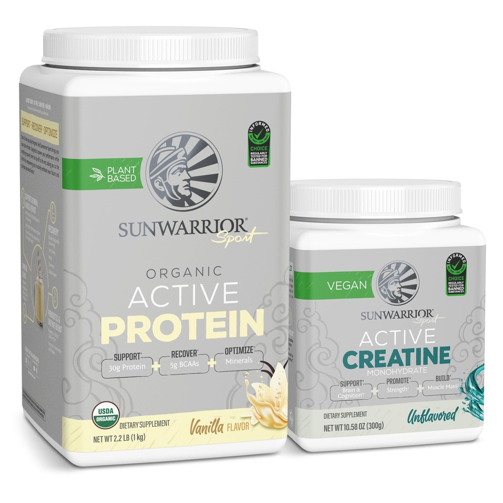 Sunwarrior Kretine Toz & Vanilla Aktif Organik Protein Toz Set | Sche & Save | Vegan Protein Plus Unflavored, 20 Hizmet Vanilla)