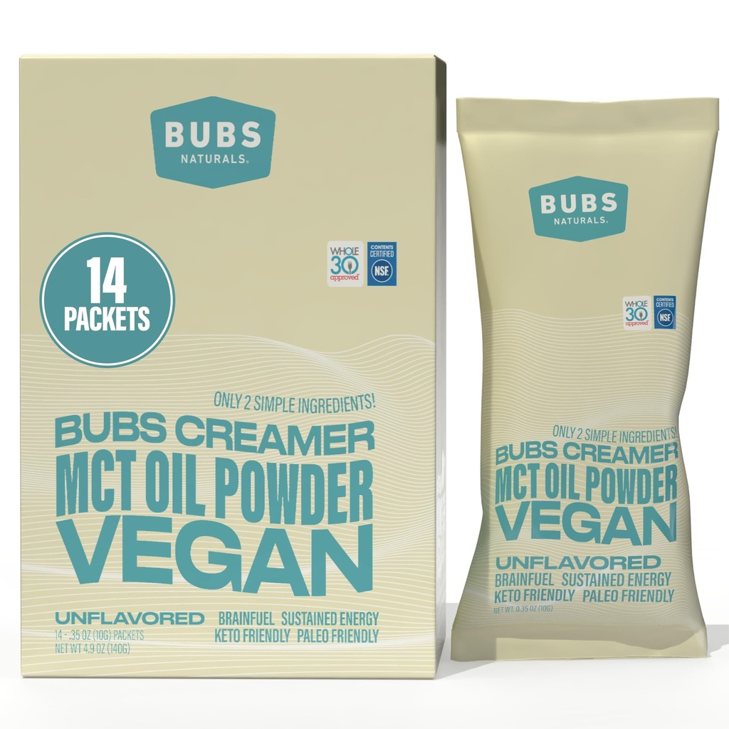 BUBS Naturals MCT Oil Toz Paketleri - Medium Chain Triglycerides - Keto Vegan & Paleo Dostu - Sağlıklı Piramit Şişmanları + Low Carb - Süt Özgür Enerji Kaynağı - 14 Seyahat Paketleri içerir