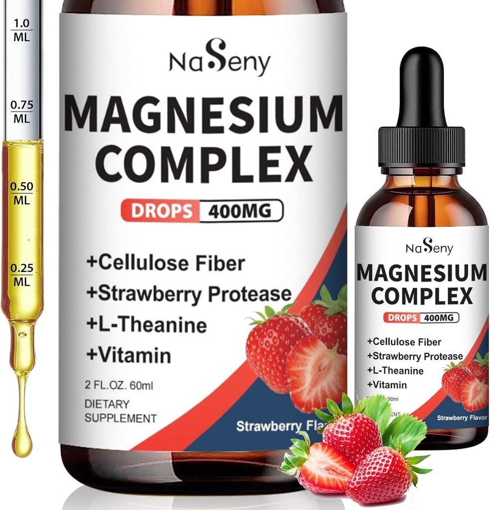 Magnesium Glycinate Liquid 400mg, High Absorption Magnesium Complex supplemen with Vitamin B6, D, C to Support Sleep, Muscle, Nerve Health, Non-GMO Gluten Free Vegan (2 Fl Oz/Strawberry)