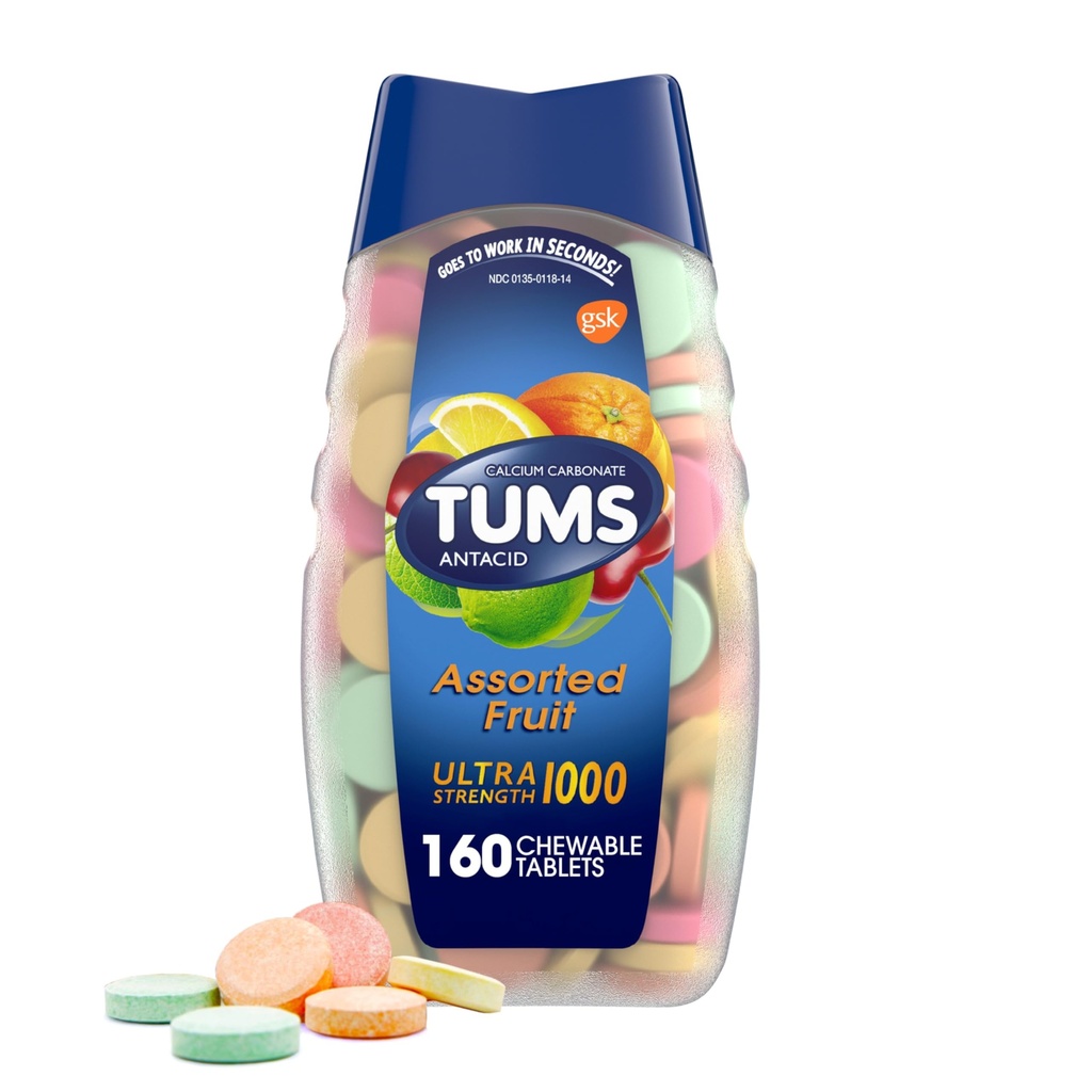 TUMS Ultra Strength Antacid Tabletleri Chewable Heartburn Relief ve Acid Indigestion Relief, Assorted Fruit - 160 Count Count