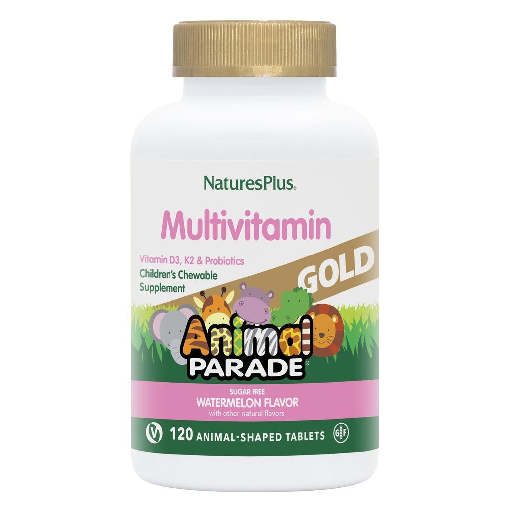 NaturesPlus Animal Parade Gold Multivitamin Children's Chewables - Watermelon Flavor - 120 Animal-Shaped Tabletler, 2 - Vitamin D3, K2 & Probiyotikler - Vegan, Gluten Free - 120 Toplam Hizmetler