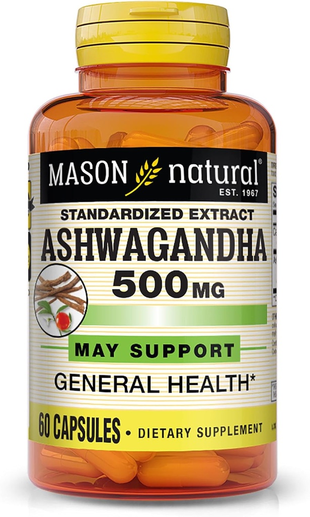 Mason Natural Ashwagandha 500 mg, Stres ve Enerji Desteği için Adaptojen, Herbal Supplement, 60 Day Supply