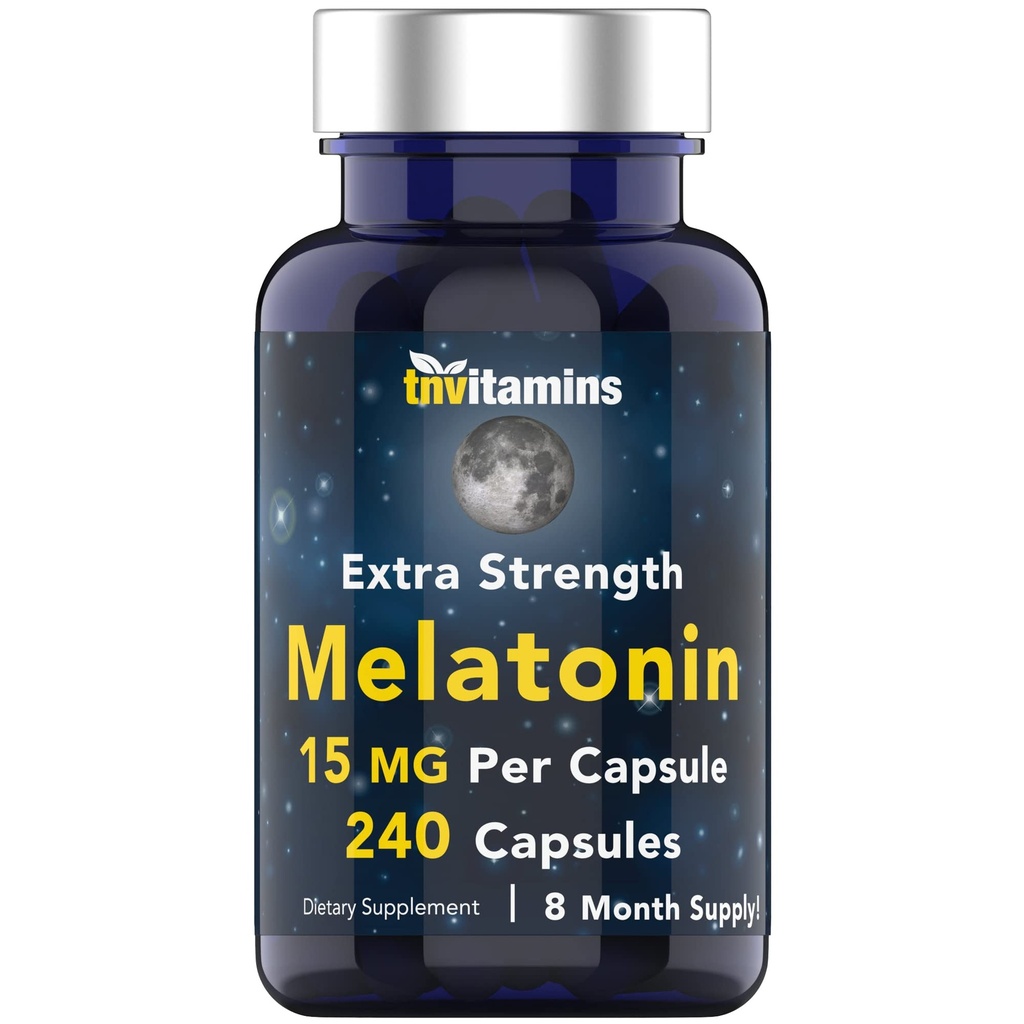 tnvitamins Melatonin 15 MG Per Capsule (240 Capsules) | Tüm Doğal Uyku Pilleri Yetişkinler | Ekstra Güçlü Melatonin | Gece Uyku Desteği | Doğal Uyku Desteği Tamamlandı