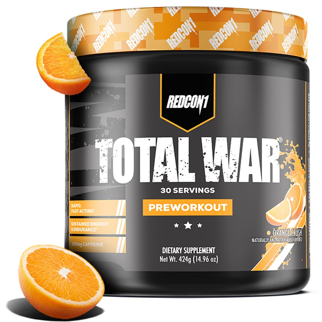 REDCON1 Total War Pre Workout, Orange Crush - Green Tea, Juniper & Beta Alanine'den Caffeine'nin 320 mg'sı - Pompayı artırmak için Amino Asitlerle Çalışmak, Enerji + Endurance (30 Hizmet)