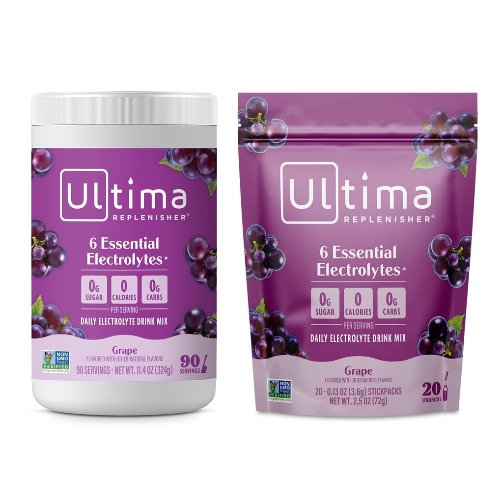Ultima Replenisher Electrolyte Toz İçecek Mix Sche – Sugar Free – Grape, 90 Canister ve 20 Stickpacks – 6 Electrolytes and Minerals – Keto Friendly, Vegan, Non-GMOMOMO