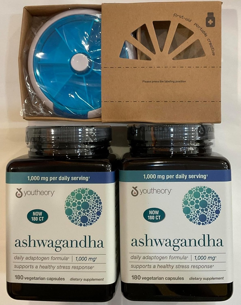 Youtheory Ashwagandha 1000 mg with KSM-66 - Sağlıklı Stres Yanıtını Destekleyin,180 Capsules (Pack of 2) ve Pill Orgnizer Sches