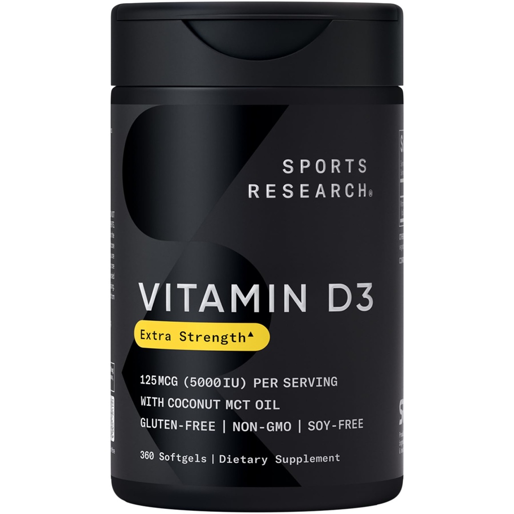 Sports Research® Vitamin D3 w/Coconut MCT Oil - Yüksek Potency Vitamin D3 5000iu (125mcg) Immune & Bone Support - Seed Oil Free - Non-GMO - Gluten Free (360 Liquid Softgels)