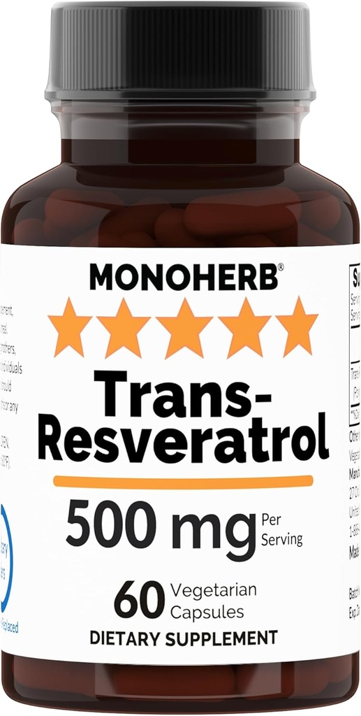 Trans Resveratrol 500 mg - 60 Veg Capsules | 250 mg per Capsule - 2 Capsules: 500 mg - 30 Hizmet