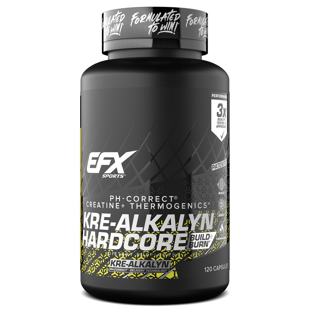 EFX Sports Kre-Alkalyn Hardcore | Termogenic pH Doğru Kretine Monohidrat Pill Supplement | Enerji & Güçlü Pre Workout | 40 Hizmet, 120 Capsules