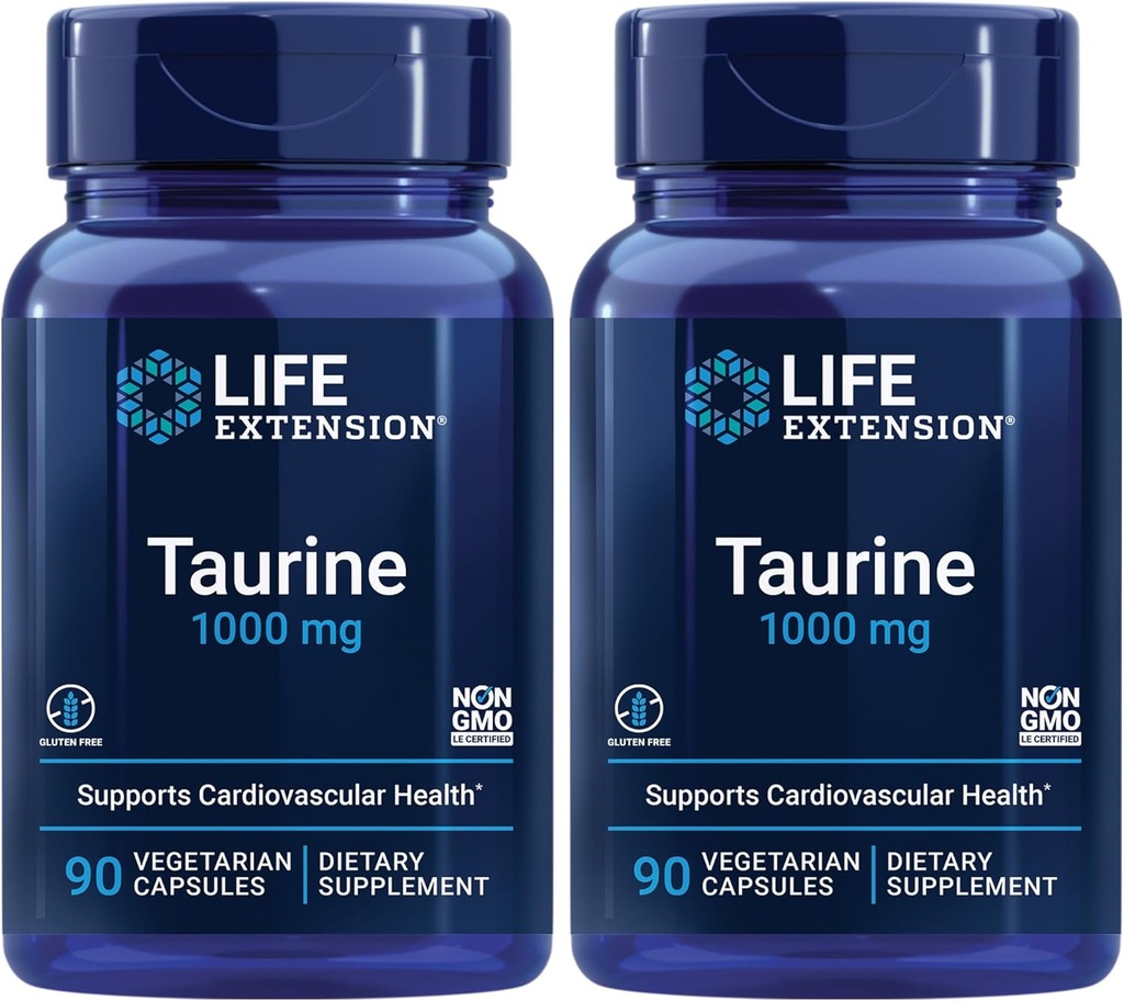 Life Extension Taurine, Pure Taurine Amino Acid Supplement, Heart, Liver and Brain Health, Longevity, Muscle and Egzersiz, 1000 mg doz, Non-GMO, Gluten-Free - Two Pack - 90 Vegetarian Capsules x 2