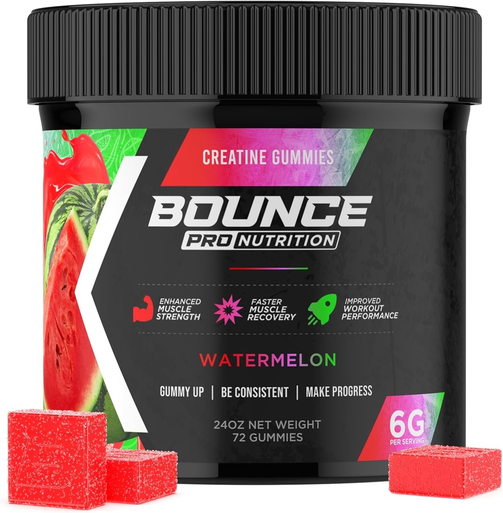 Bounce Pro Creatine Monohydrate Gummies for Men & Women, Low Calorie, 6G of Creatine per Serving, Vegan, Anti-Melting, Gluten-Free, Non-GMO, 2g of Creatine per Gummy (72ct, Watermelon)