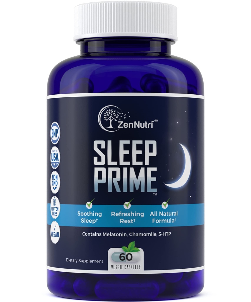 Sleep Prime Vegan Natural Sleep Aid for Adult Extra Strength - Deep Sleep Supplement - Herbal Uyku Pill - Stres Yardımı - Melatonin, GABA - 60 Veggie caps
