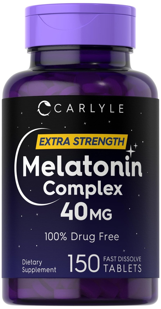 Carlyle Melatonin 40 mg Kompleksi | 150 Hızlı Dissolve Tabletler | Ekstra Kuvvet Desteği | Ashwagandha ve Chamomile | Vegetarian, Non-GMO, Gluten Free Supplement