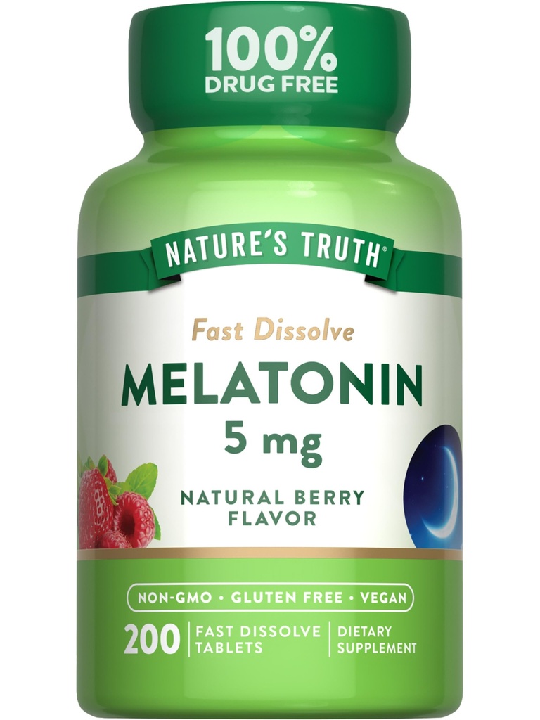 Nature's Truth Melatonin 5 mg Hızlı Dissolve Tabletler | 200 Kont | Natural Berry Flavor | Vegan, Non-GMO & Gluten Free Supplement Supplement Supplement