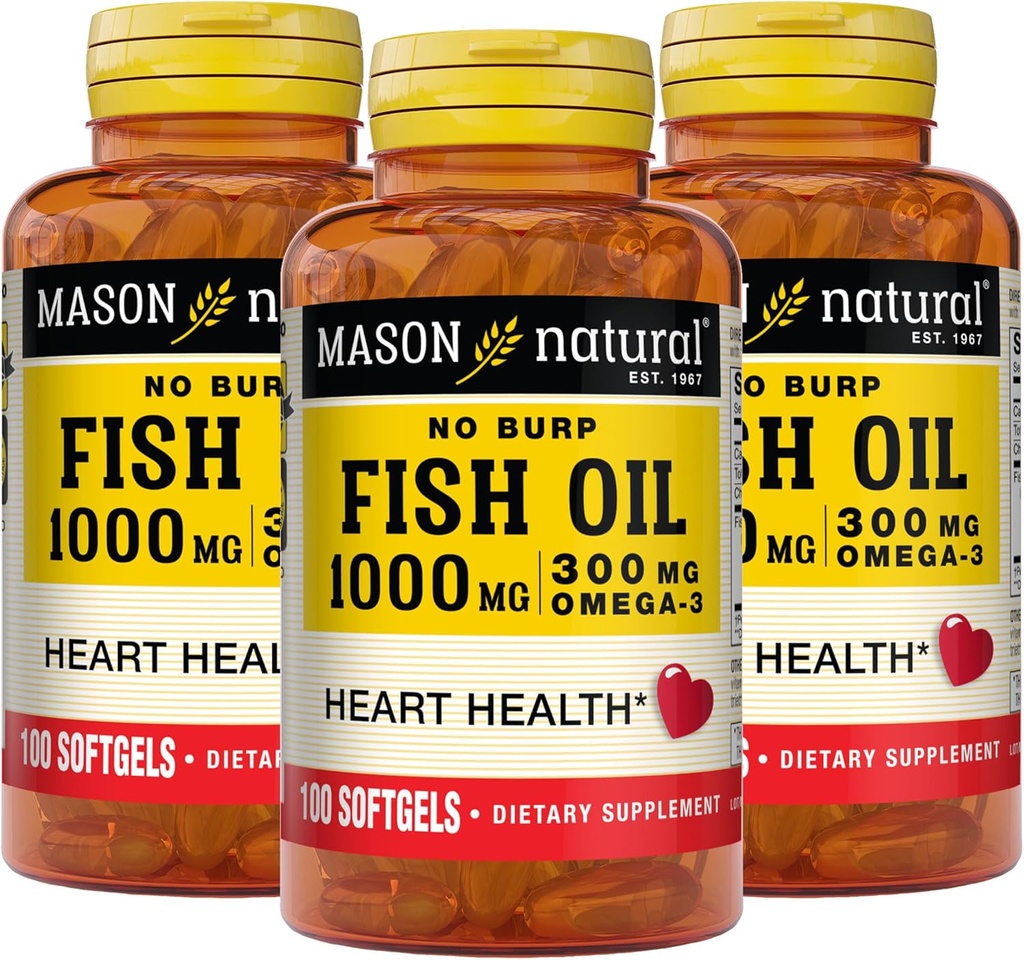 Mason Natural No Burp Fish Oil 1000 mg Omega,3 300 mg, Supports Normal Heart Health, 100 Softgels (Pack of 3)