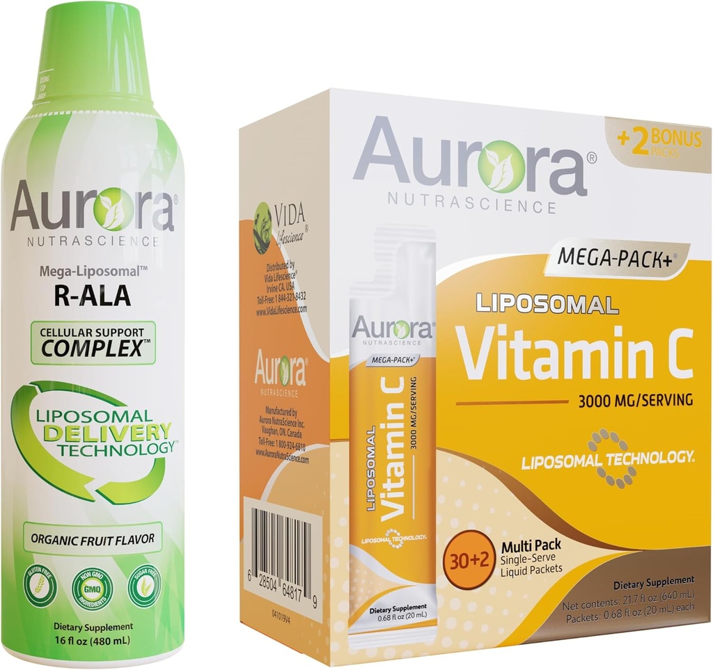 Aurora Nutrascience Mega-Liposomal R-ALA ile CoQ10 & L-Carnitine Kompleksi & Mega Liposomal Vitamin C, 3.000 mg