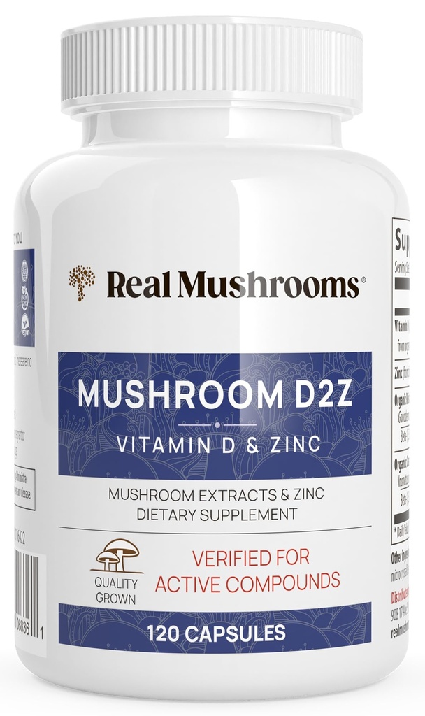 Gerçek Mushrooms çinko ve D2 Capsules - Organik Chaga ve Reishi Mushroom Extracts - Genel Wellness Desteği için Vitaminler - Vegan, Non-GMO, Gluten-Free – 120 Kont Mushroom Supplement