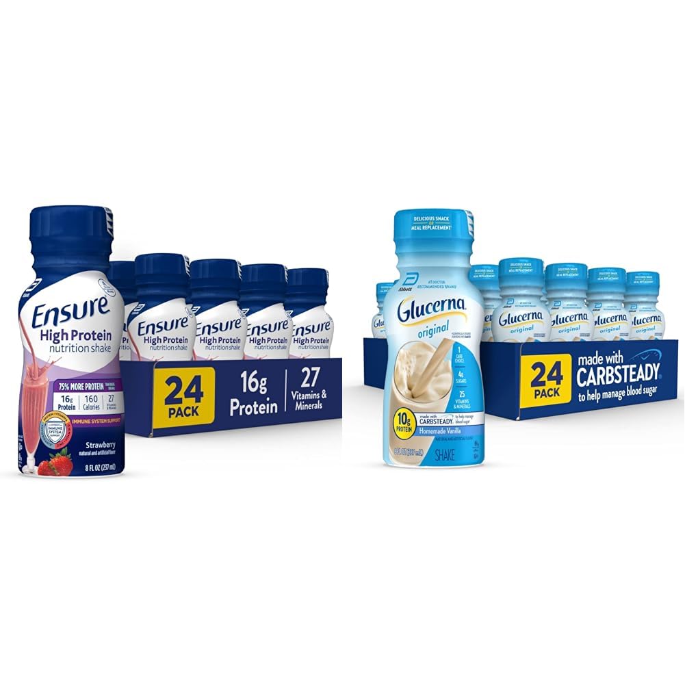 Ensure High Protein Nutrition Shake 24 Pack & Glucerna Diabetic Nutritional Shake Blood Sugar Management 24 Count