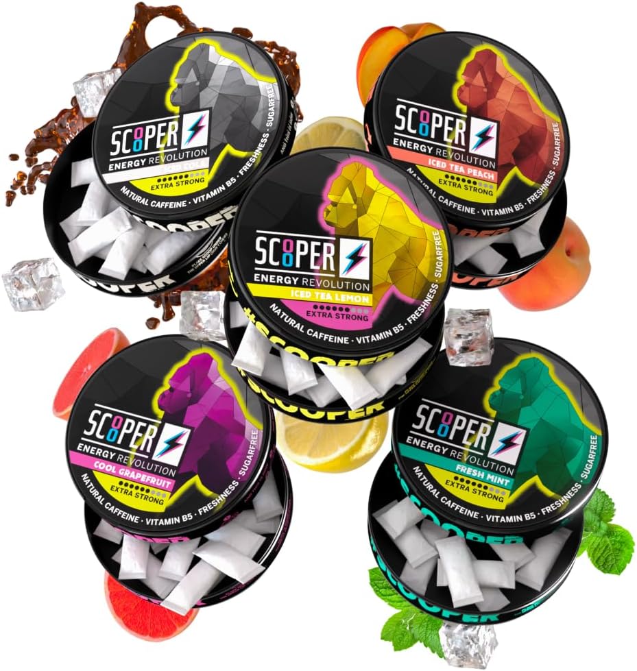 Scooper Energy I 5 cans I All-in-One-Box I Energy Pouches Sugarfree I 80 mg Natural Caffeine All Flavour Pack I 12 Pouches I Cool Grapetre, Fresh Mint, Iced Cola, Iced Peach & Lemon Tea