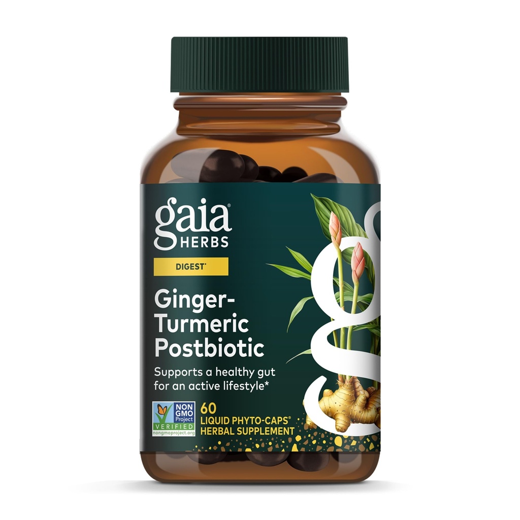 Gaia Herbs Ginger-Turmeric Postbiyotik - Premium Digestive Support Supplement for Gut Health - Fermented Turmeric & Ginger - Free from Dairy, Soy & Gluten - 60 Vegan Capsules (30 hizmet)