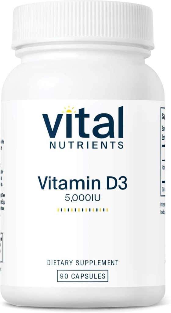Vital Nutrients D 5000 IU | Vitamin D3 Tamam | Sağlıklı Kemikler, Dişler, Kaslar*| Hücreler & Immune Function |dis Abxia | Gluten, Dairy and Soy Free | 90 Capsules