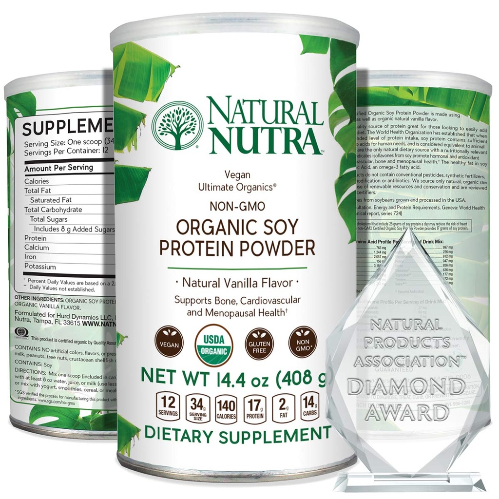 Natural Nutra Organic Vegan Plant Based Soy Protein Source Powder, Support Midlife Transition, Supports Bone and Improves Cardiovascular Health, Gluten Free, Non GMO, Sugar-Free 14.4 OZ.
