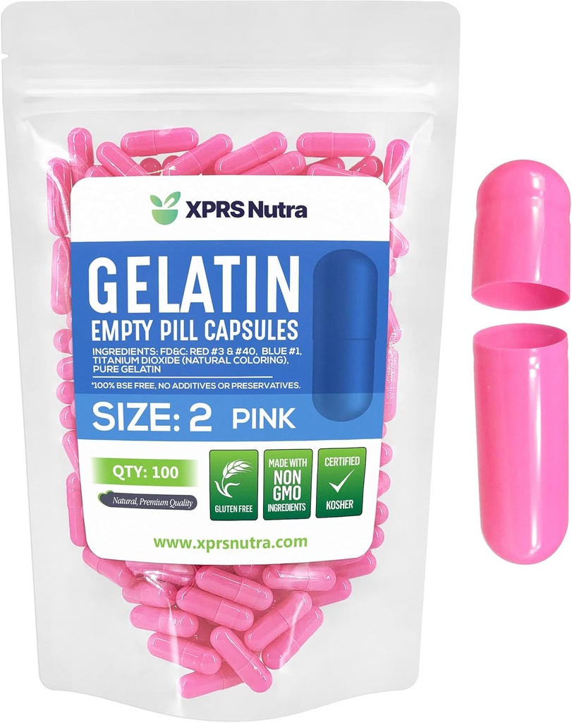 XPRS Nutra Boyutu 2 Boş Kapsüller - 100 Kont Boş Gelatin Capsules - Pills DIY Capsule - Pure Bovine Pill Gel Caps For Do-It- Yourself Supplements (Pink)