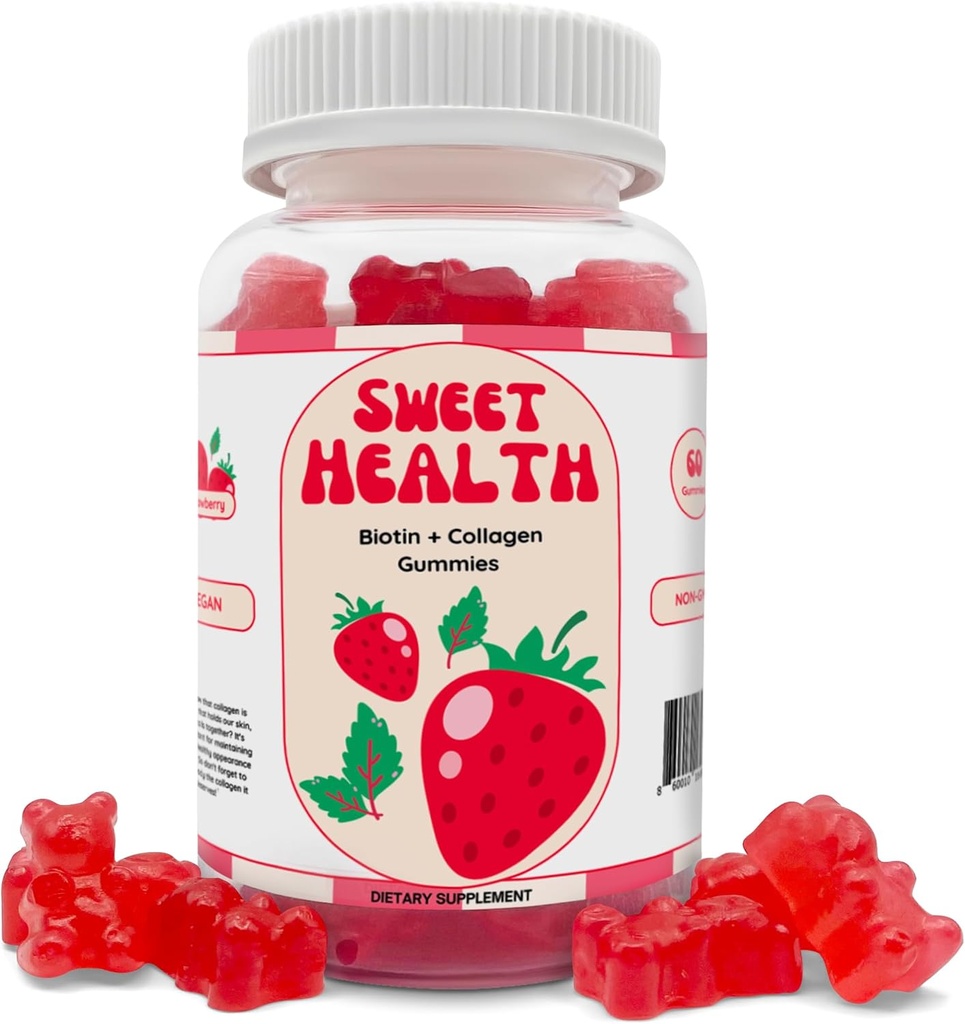 Tatlı Sağlık Saçları Gummies | Genç Cilt + Saç Büyüme + Güçlü Nails |% 10 Biotin + Collagen | Non-GMO | Sweet Strawberry