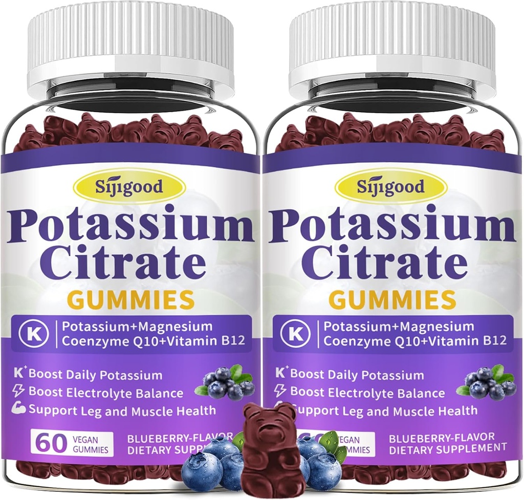 2 Pack Potassium Citrate Gummies, Potassium Supplement for Muscle Health, Leg Cramp Relief & Electrolyte Balance, Vegan, Non-GMO, Gluten-Free, Blueberry Flavor, 120 Count