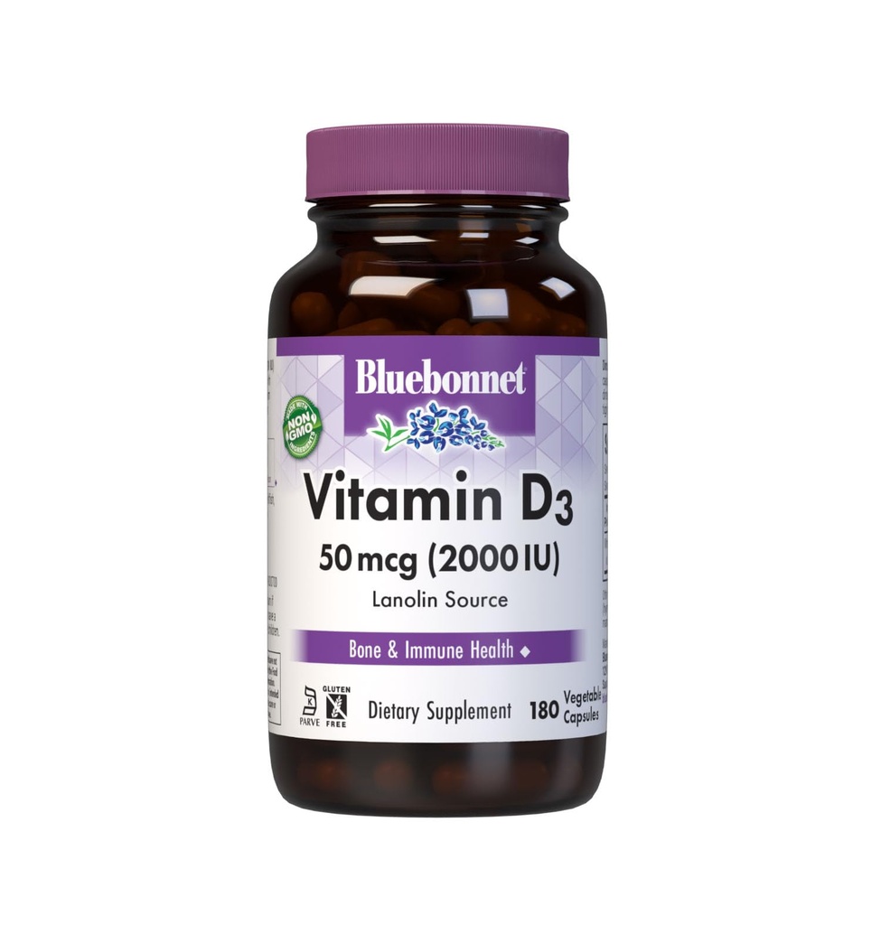 Bluebonnet Nutrition Vitamin D3 2000 IU Vegetable Capsule, Aid in Muscle and Skeletal Growth, Cholecalciferol from Lanolin, D3, Non GMO, Gluten Free, Soy Free, Milk Free, Kosher, 180 Vegetable Capsule