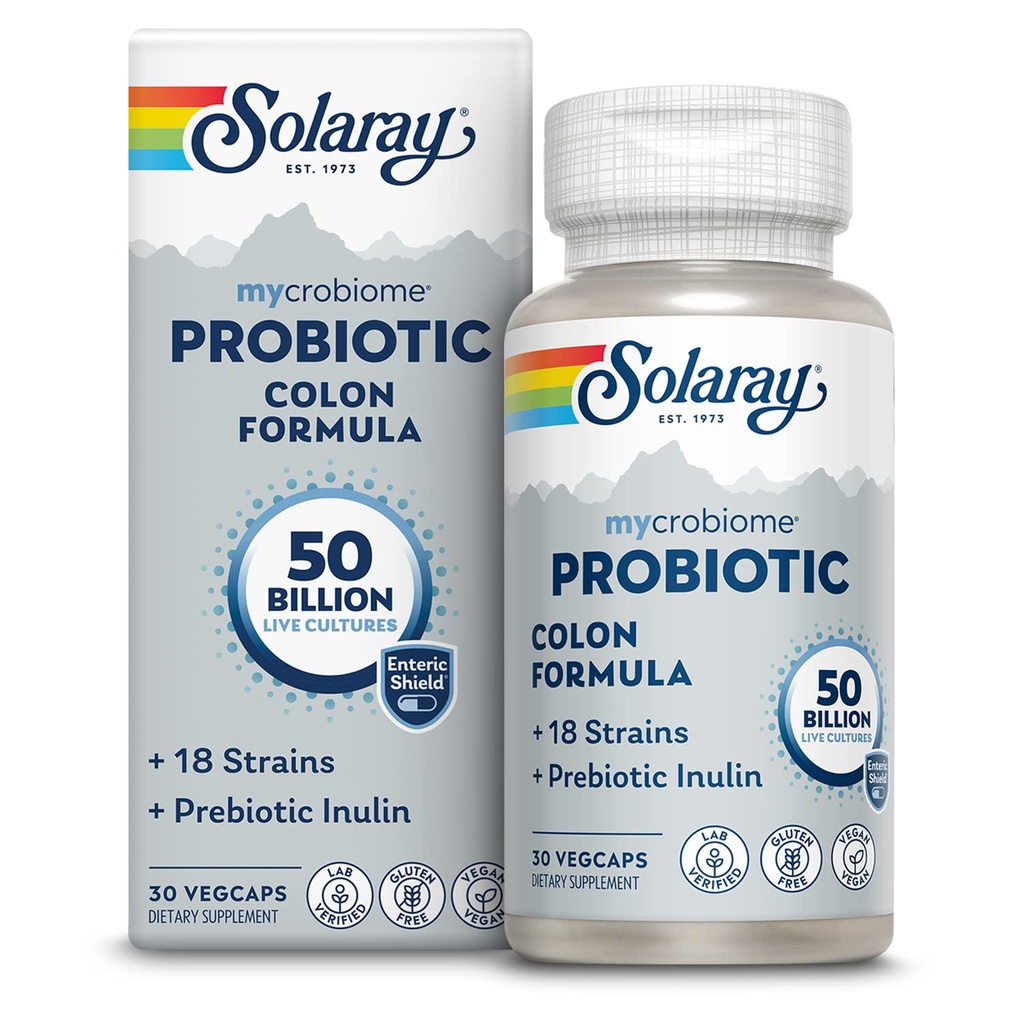 SOLARAY Mycrobiome Probiyotik Kolon Formula, Vegan, Digestive Function, Colon Health ve Immune System Support, 50 Milyar CFU, 18 Strains, Prebiyotik Inulin, 60 Günlük Garanti, 30 Hizmet, 30 VegCaps