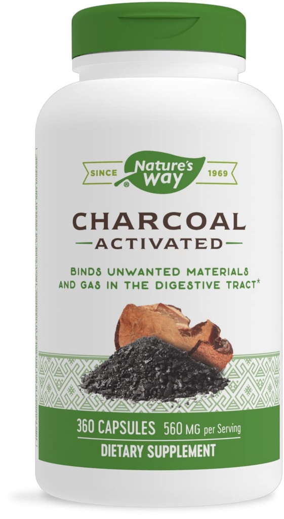 Nature's Way Aktif Charcoal, Binds Unwanted Materials and Gas in the Digestive Tract*, 560 mg per 2Capsule Service, 360 Capsules (Pazar May Vary)