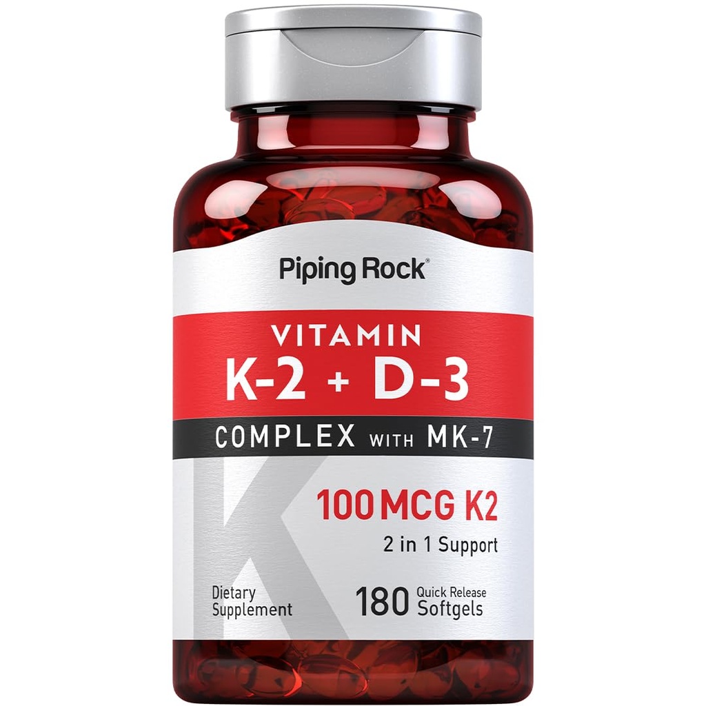 Piping Rock Vitamin K2 D3 Supplement | 100 mcg | 180 Softgels | MK7 | Non-GMO, Gluten Free