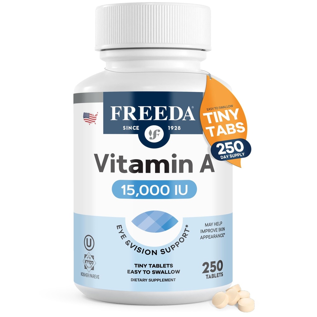 Freeda Vitamini 15,000 IU – Retinyl Palmitate – Vegan, Kosher, No Fish – Eye, Vision, Immune & Skin Support – Tiny Easy-to-Sw Tabletleri – VIT A Vitamina A Supplement – 250 Tablet