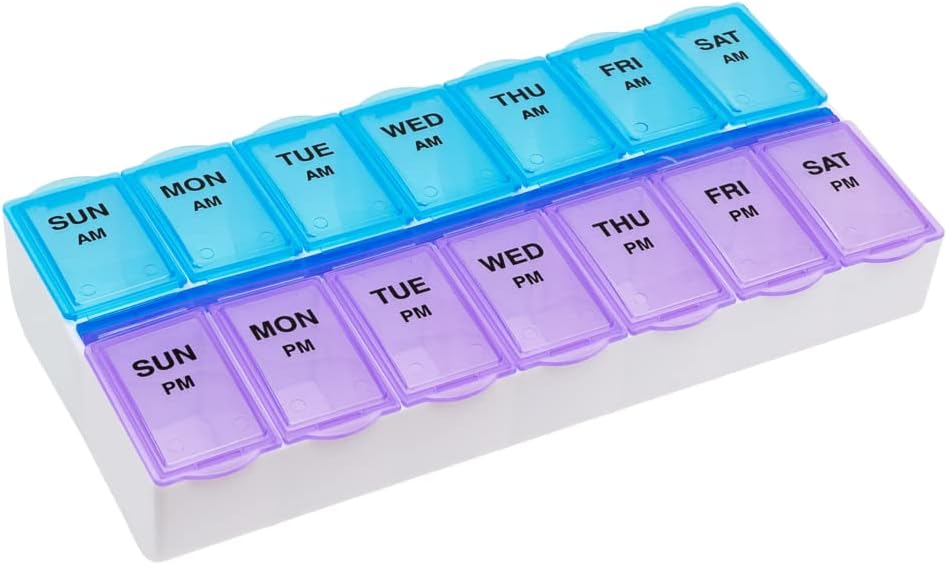 EZY DOSE Weekly (7-Day) AM/PM Daily Pill Case, Tıp Planlayıcı, Vitamim, Fish Oil, Supplements Organizer Konteyner, Büyük Karşılaştırmalar, 2 Zaman Bir Gün, Blue ve Mor Lids,