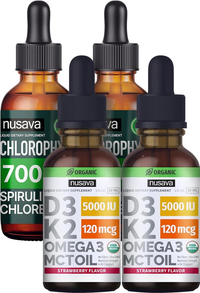 NUSAVA Strawberry Flavored D3 K2 Drops ve Chlorophyll Liquid Drops (1994) - Kalp, Ortak, Enerji ve Immune Desteği - Gluten-Free, 2pk Her Şey