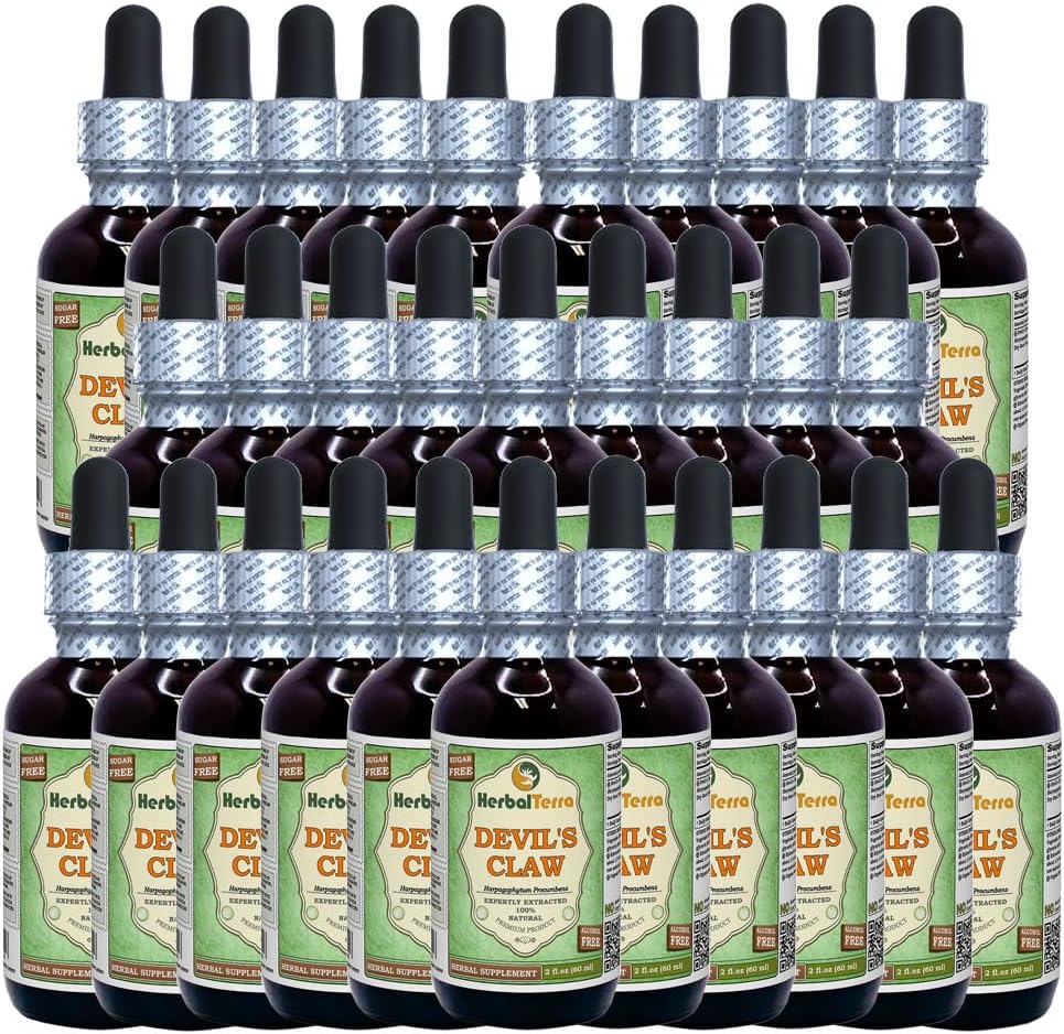 Devil's Claw (Harpagophytum Procumbens) Glycerite, Organik Kuru Kök Alkol Özgür Sıvı Ekstraksiyon (Brand Name: HerbalTerra, Proudly Made in USA) 30x2 fl.oz (30x60 ml)