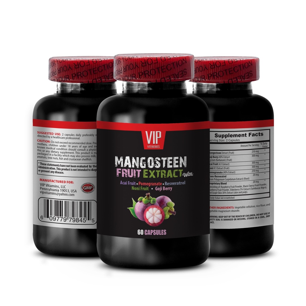 VIP VITAMINS Mangosteen, Mangosteen Extract - Mangosteen Meyve Ekstraksiyonu - Acai Berry, Cut Berry, Pomegranate, Noni, Trans-Resveratrol, Yaşlı Meyve, Grape Skin - 1 Şişe 60 Capsules