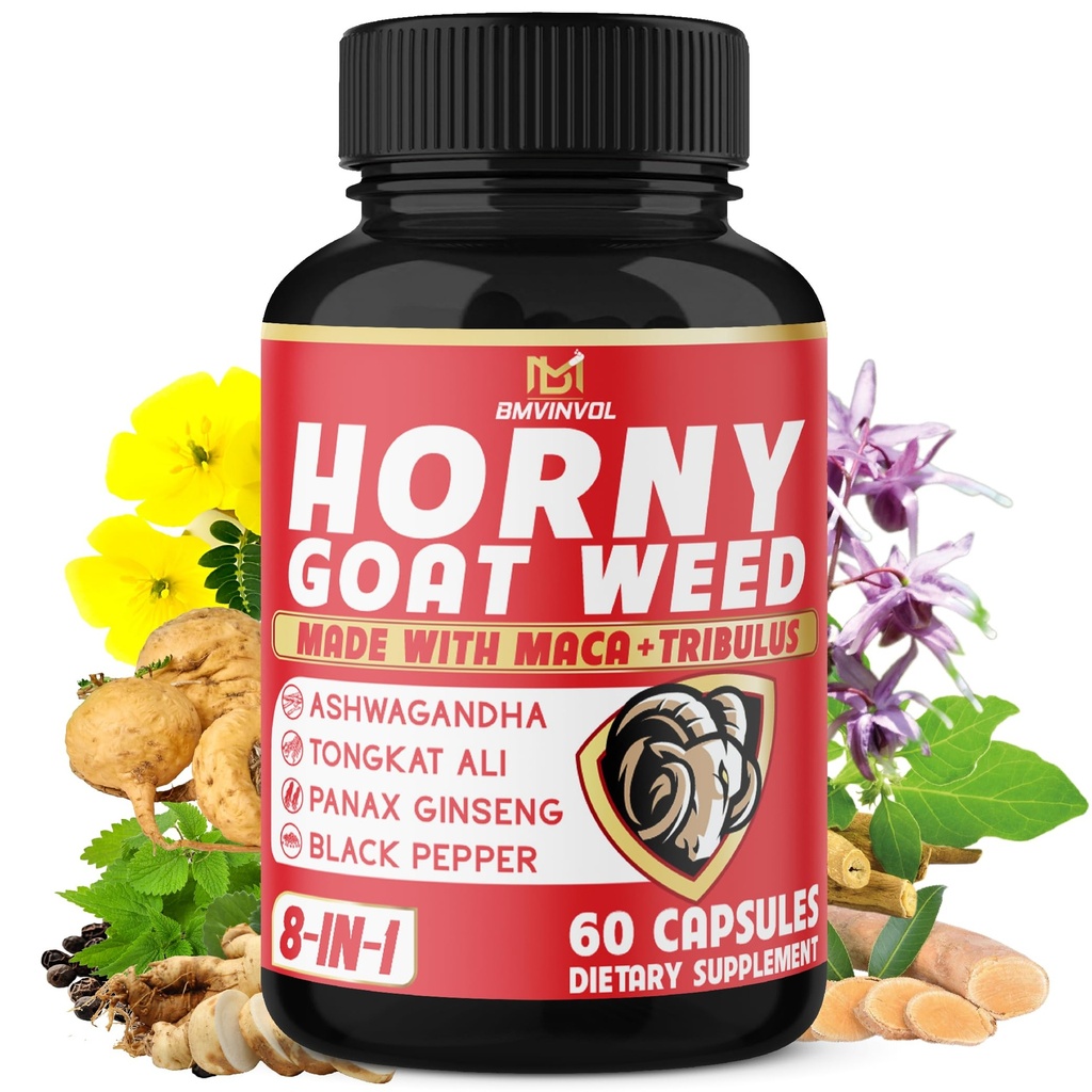 BMVINVOL Horny Goat Weed Capsules with Tribulus, BTC, Ashwagandha, Maca, Tongkat Ali, Nettle, Black Pepper - 60 Kont