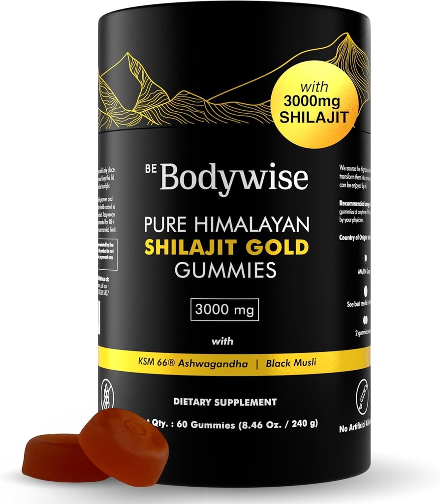 Be Bodywise Pure Himalayan Shilajit Gummies Gold I Lab Tested I No Added Sugar I Ashwagandha, Gokshura| Fulvic Acid & 85+ Trace Minerals I for Men, Women I Non-GMO I 100% Natural & Organic I 60 Gummy