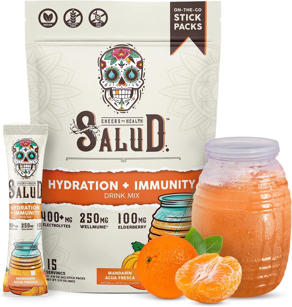 Salud 2in-1 Hydration Packets + Immunity Electrolytes Toz, Mandarin - Agua Fresca Drink Mix, Elderberry, Dairy & Soy Free, Non-GMO, Gluten Free, Vegan, Low Calorie, 1g Sugar (15 hizmet)