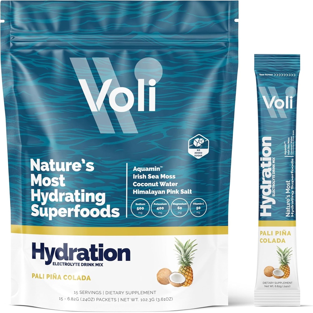 Voli Electrolytes Toz Paketleri | No eklenmiş Sugar Electrolyte Drink Mix for Hydration | Keto & Fasting Friendly, Natural Superfoods & Minerals | Pina Colada, 15Count