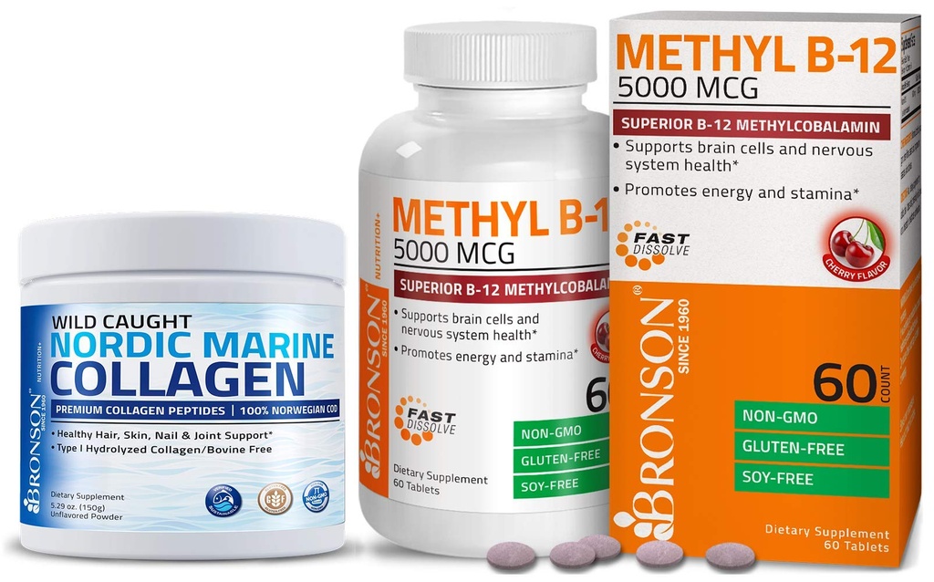 Bronson Marine Collagen Hydro Hydrolyzed Protein Toz + Metil B12 5000 mcg B12 Mecobalamin