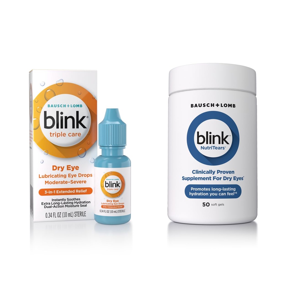 Blink Eye Drops for Kuru Eyes, Triple Care Lubricant Eye Drops, Instantly Soothing, Moisturizing + Blink NutriTears Klinik Olarak Kuru Gözler için Tamamlandı, 50 Softgels